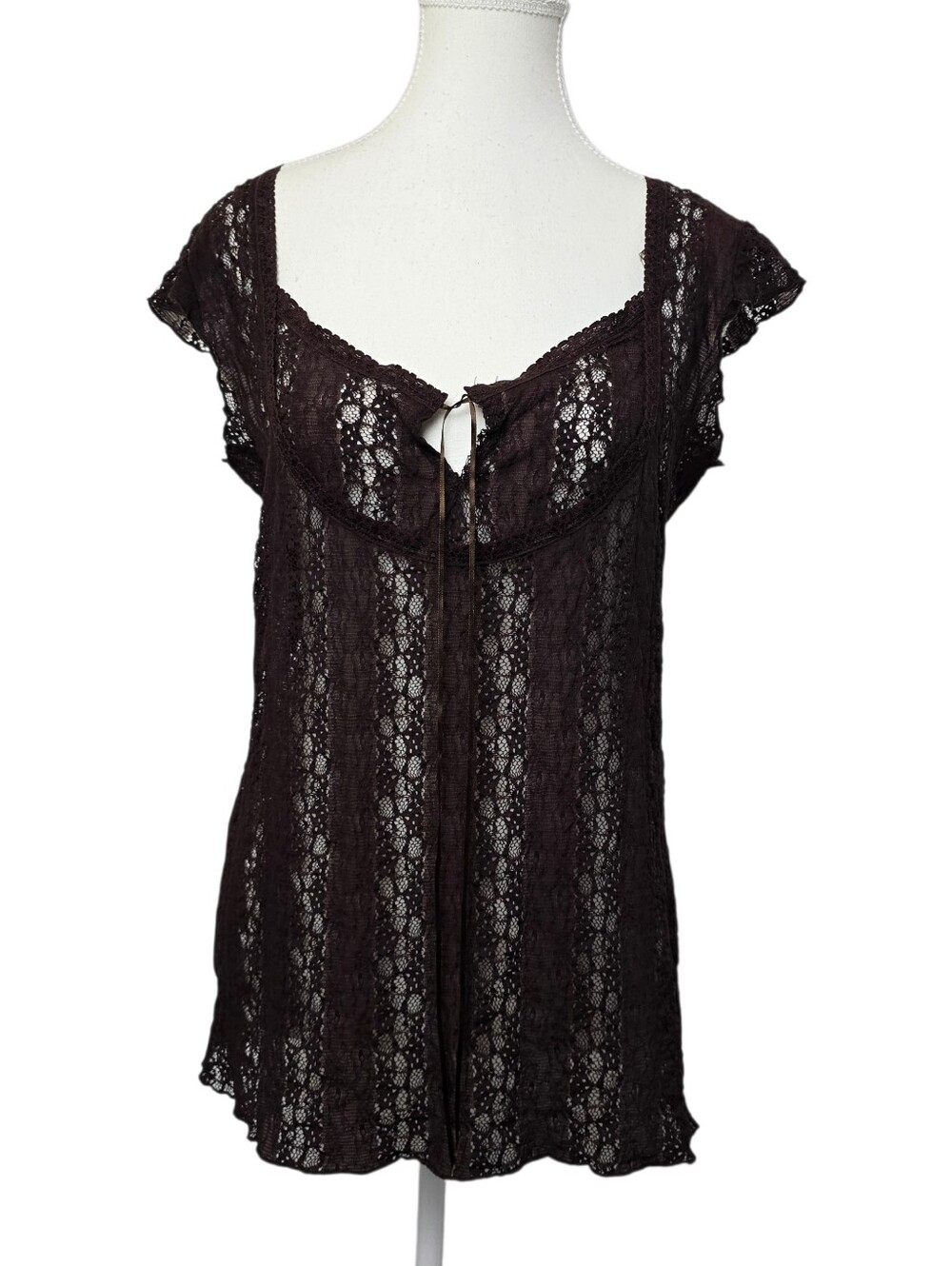 Warehouse One Chocolate Brown Lace Tie Front Cap Sleeve Y2K Blouse Size Large
